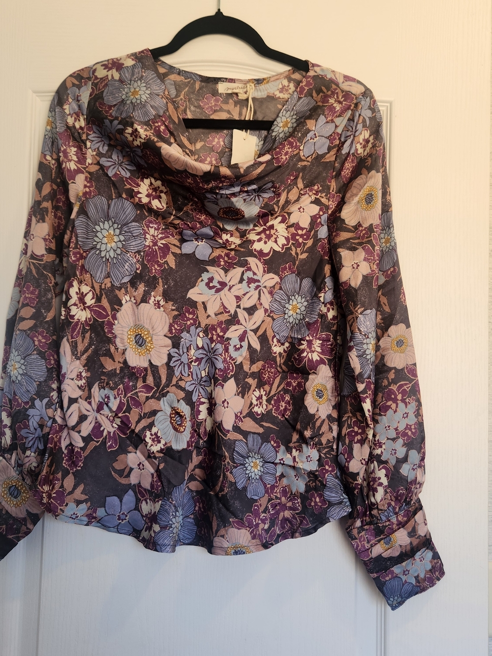 Mystree Floral Cowl Neck Blouse - Purple, Blue, Cream S BNWT